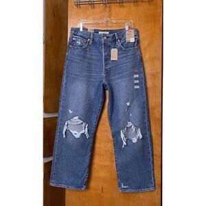 NWT Levis Ribcage Straight Leg Ankle Jeans W32 L27 Dark Wash Distressed Frays